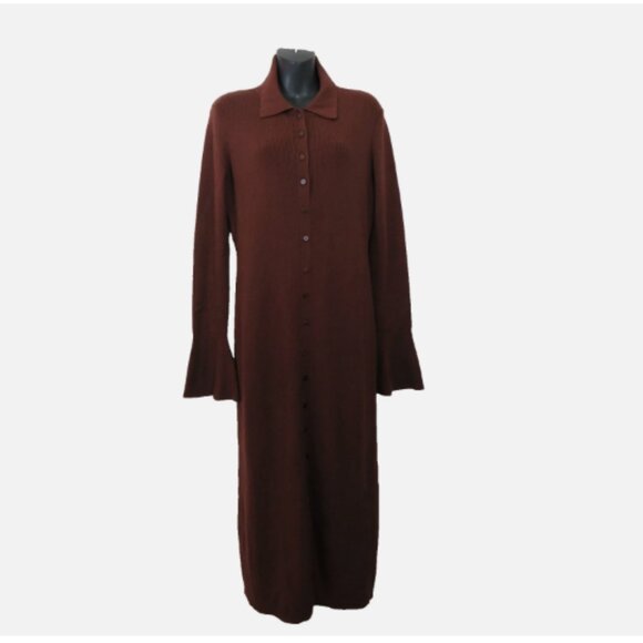 Paige size Large Ribbed Knit Button Down Dress Brown Long Sleeve NEW - Picture 1 of 6
